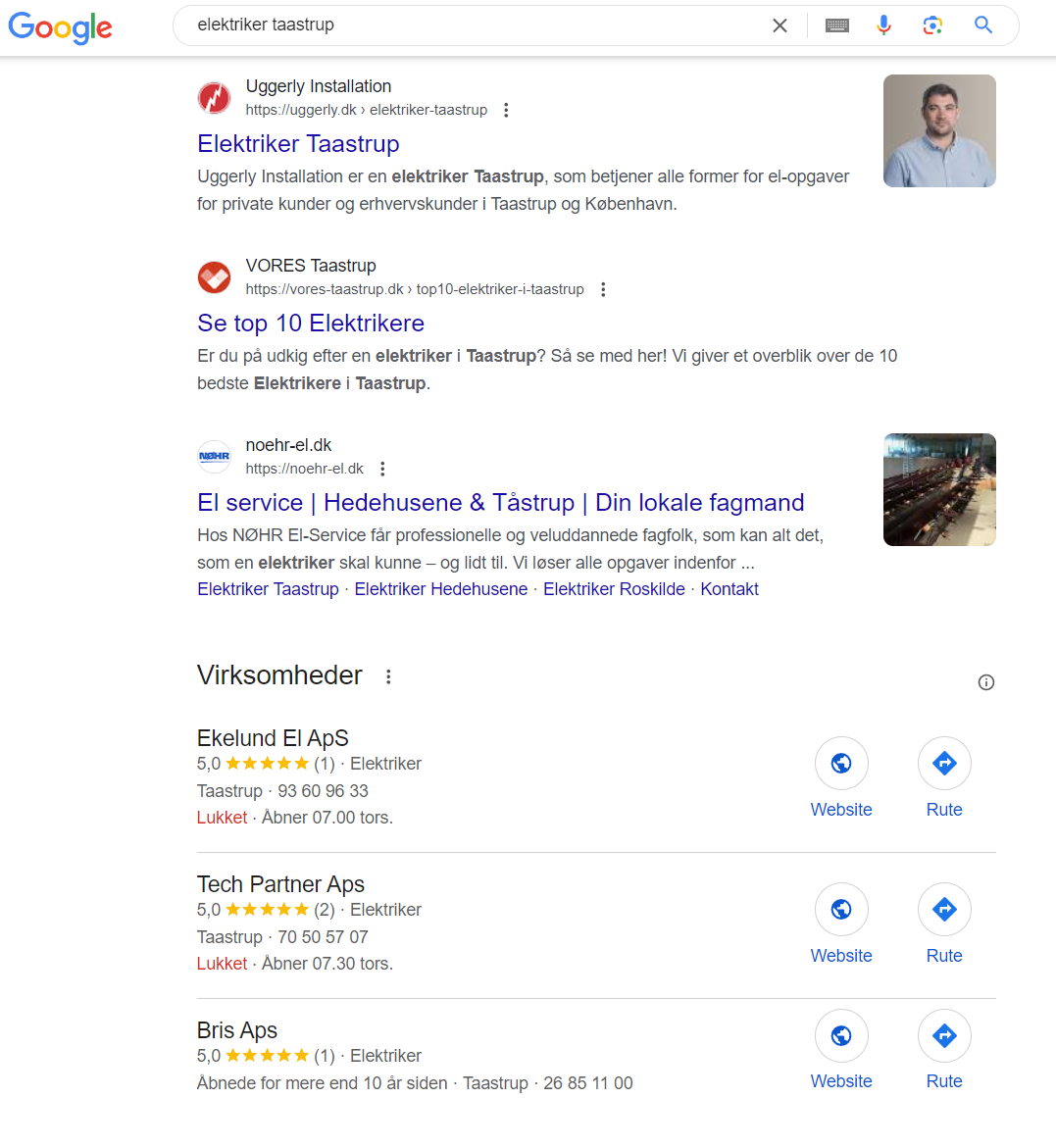 Organiske visninger og local pack på Google søgningen “elektriker Taastrup”.