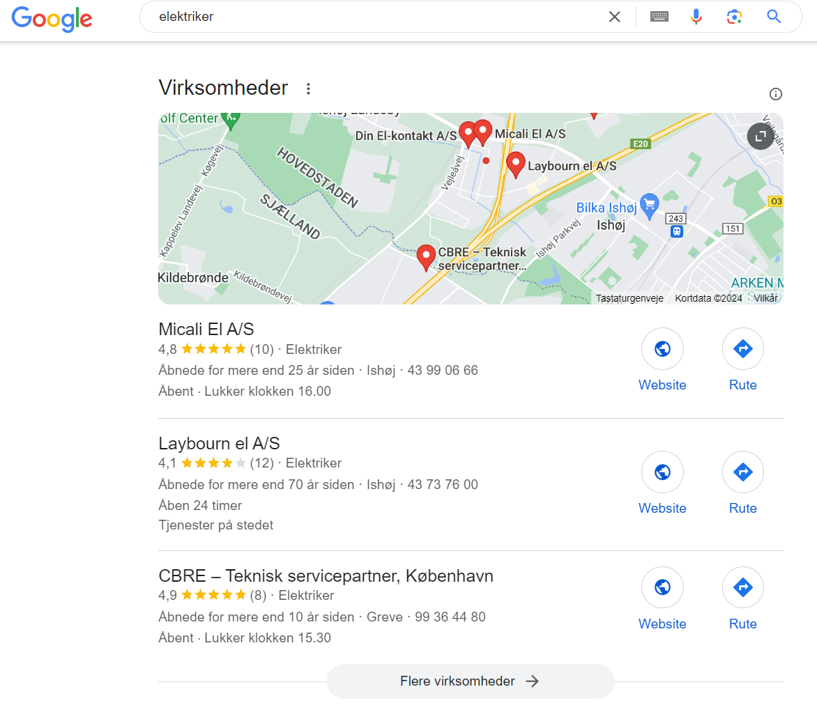 Google søgningen “elektriker” viser local pack via søgeresultaterne.