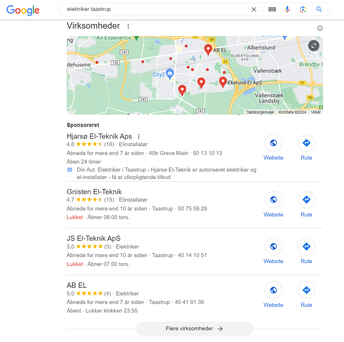 Google søgning på “elektriker Taastrup”