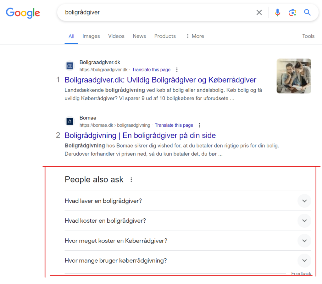 People also ask sektion på Google med søgningen, "boligrådgiver"