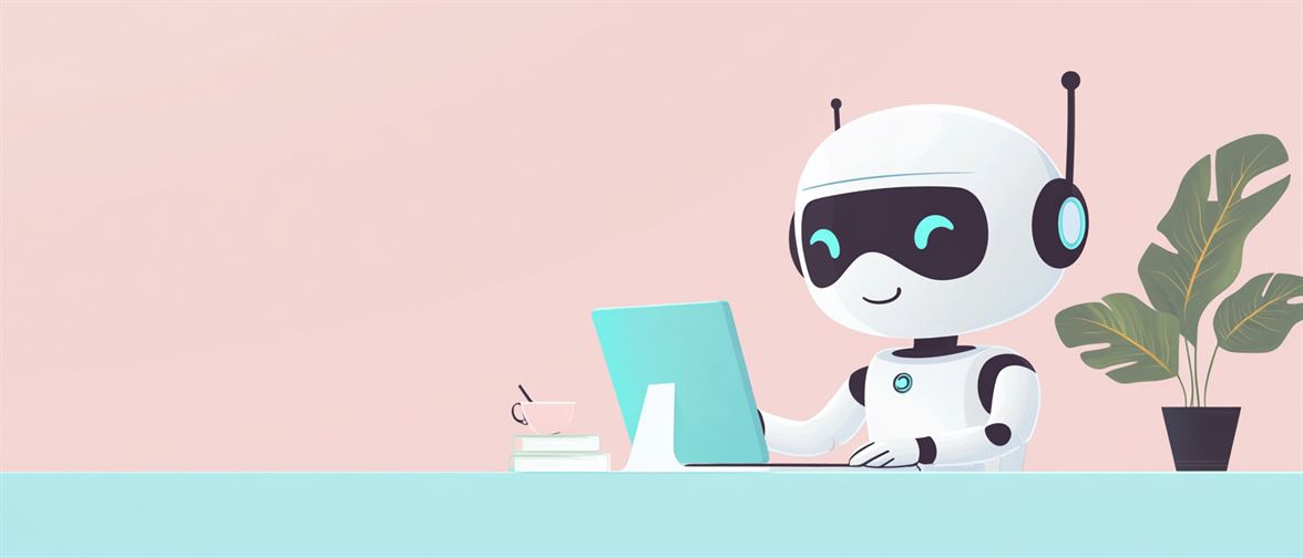 digital marketing, minimalistic banner, animated, happy cute robot writes on a computer.